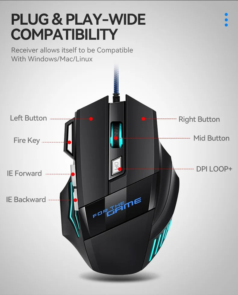 1 rato gaming USB Hyperspeed novo para PC, retroiluminado RGB, rato gaming ergonómico 7D para esports, com fios, para portátil e PC gamer