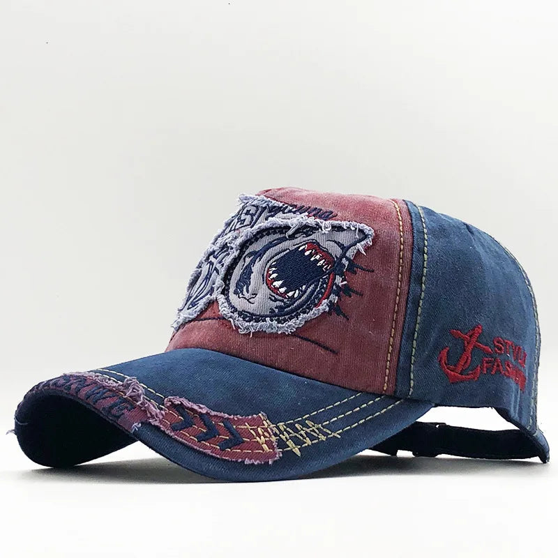 Trendy Shark Pattern Washed Baseball Cap for Men Women, Outdoor Fishing Sun Hat, Unisex Vintage Hip Hop Flat Brim Caps