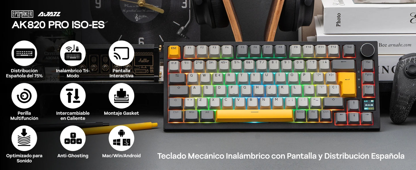 Layout ISO-ES EPOMAKER X AJAZZ AK820 PRO 75% spagnolo, tastiera meccanica cablata/2.4GHz/BT con schermo e manopola per PC/Mac