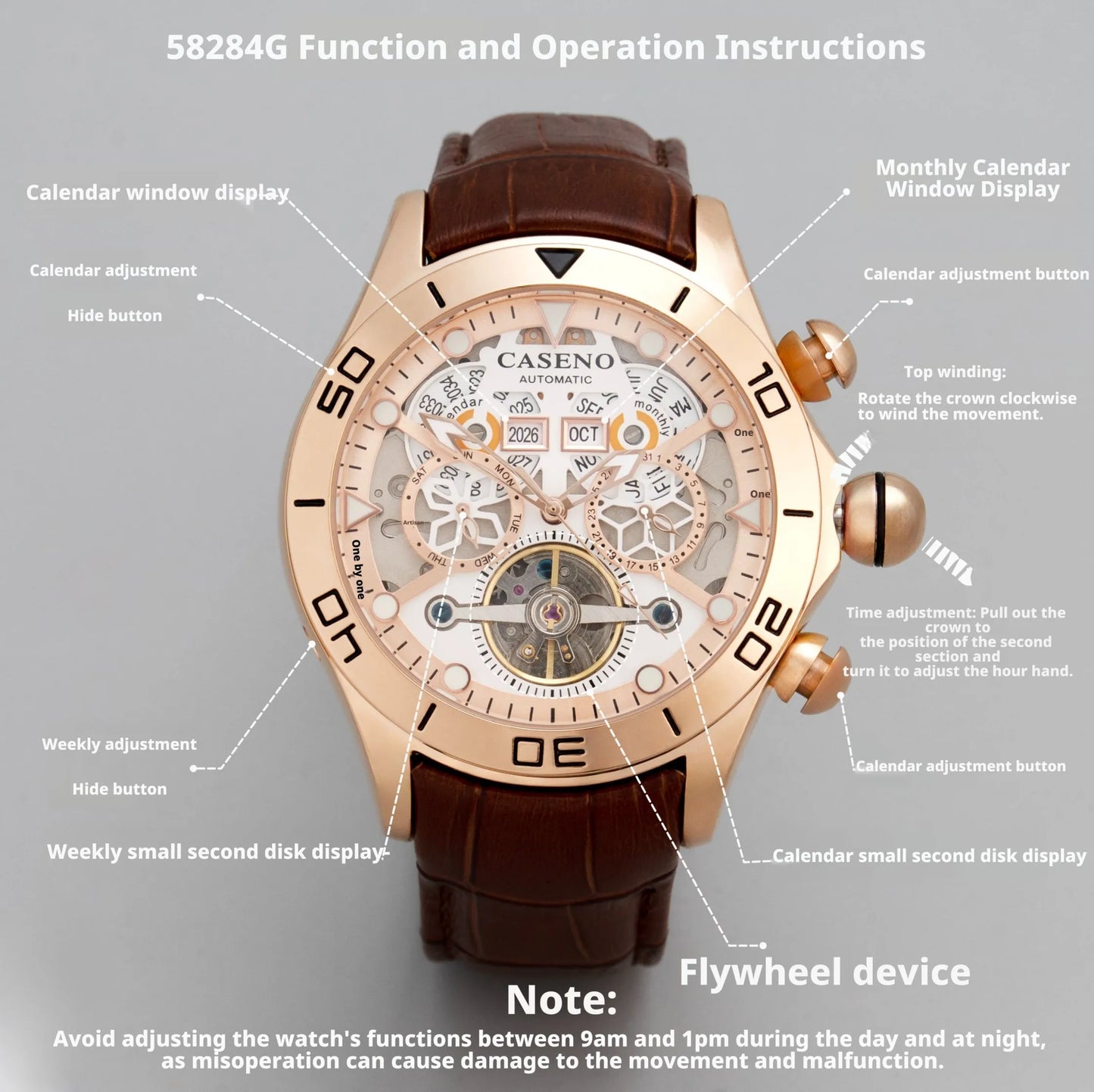 CASENO Brand Bubble Perpetual Calendar Fully Automatic Tourbillon Large Dial Mechanical Watch Belt Watch -58284G