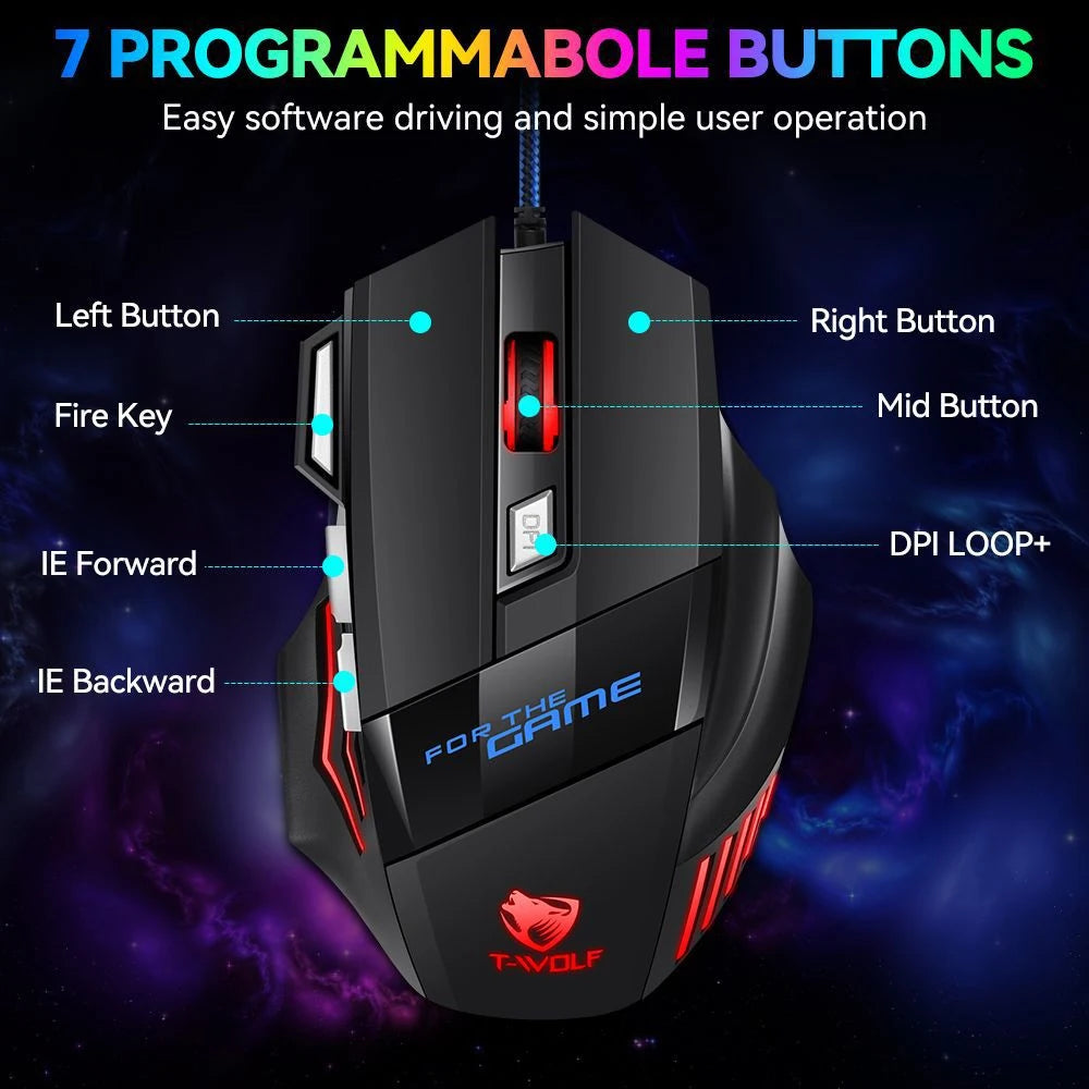 KEBIDUMEI кабелна геймърска мишка със 7 бутона, RGB подсветка, ергономична USB мишка, 2400 DPI, 3 нива на DPI за PC, лаптоп, Windows и Mac OS