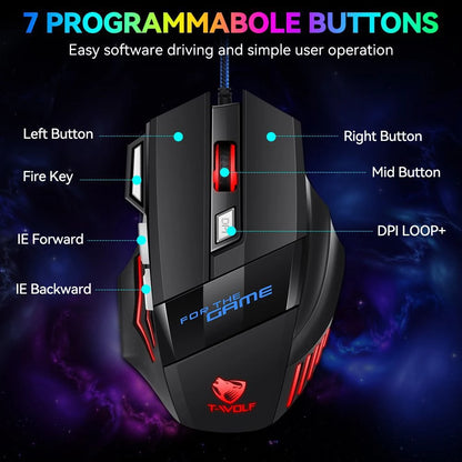 KEBIDUMEI кабелна геймърска мишка със 7 бутона, RGB подсветка, ергономична USB мишка, 2400 DPI, 3 нива на DPI за PC, лаптоп, Windows и Mac OS