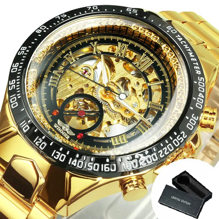 WINNER automatisch herenhorloge – Transparant skeletmodel, lichtgevende wijzers, roestvrijstalen band, mechanisch horloge van een luxemerk