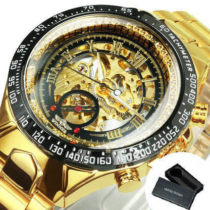 WINNER automatisch herenhorloge – Transparant skeletmodel, lichtgevende wijzers, roestvrijstalen band, mechanisch horloge van een luxemerk