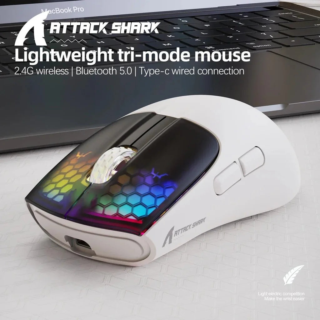 Mouse gaming wireless ATTACK SHARK X5 leggero con connessione tri-mode 2.4GHz/cablata/Bluetooth, RGB e macro