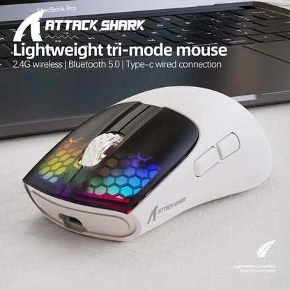 Mouse gaming wireless ATTACK SHARK X5 leggero con connessione tri-mode 2.4GHz/cablata/Bluetooth, RGB e macro