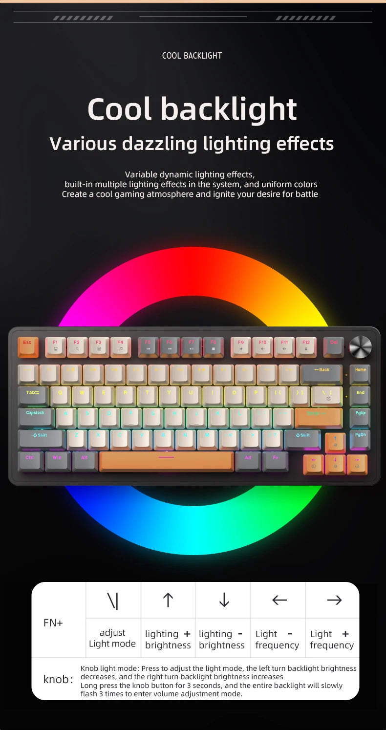 APAYADO 75% Gaming Keyboard Wired with Metal Knob, Hot-Swap K82 Black Mechanical Keyboard, ABS Transparent Character RGB