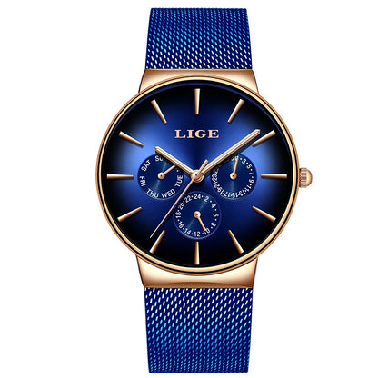 Montre pour femme LIGE, élégante et tendance – Style sport-décontracté, bracelet en maille, mouvement à quartz, affichage de la date et du jour, étanche.