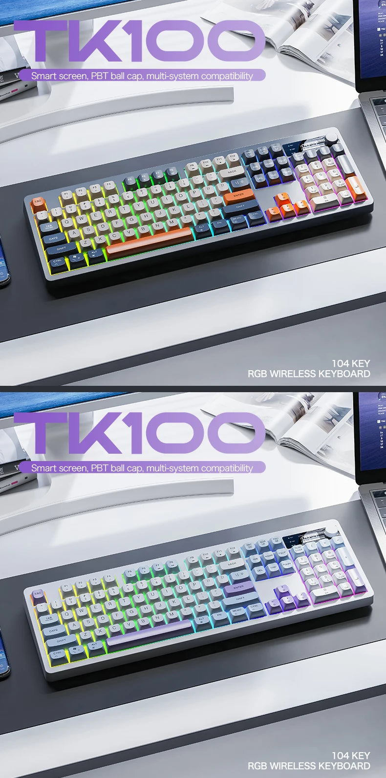 Teclado XUNFOX TK100 inalámbrico 2.4 Bluetooth de doble modo para gaming, silencioso, oficina y portátil, universal