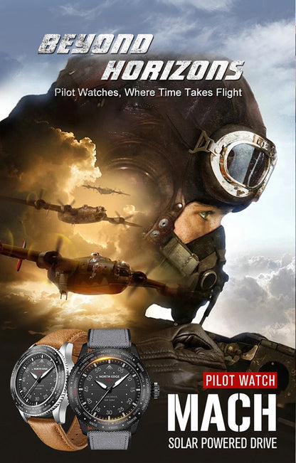 NORTH EDGE 2024 MACH Solar Power Quartz Watch Men Waterproof 50M Men's Pilot Sports Wristwatches Luminous Environmentally Friendly Clock
