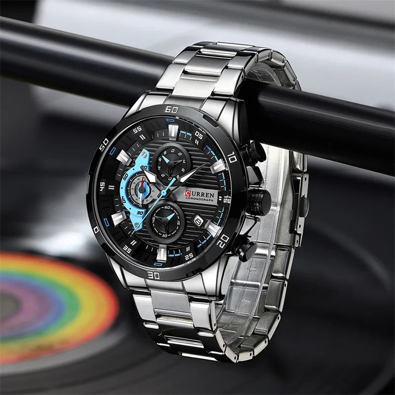 Montre homme de luxe CURREN 8402, neuve, en acier inoxydable, étanche, avec chronographe et éclairage nocturne.