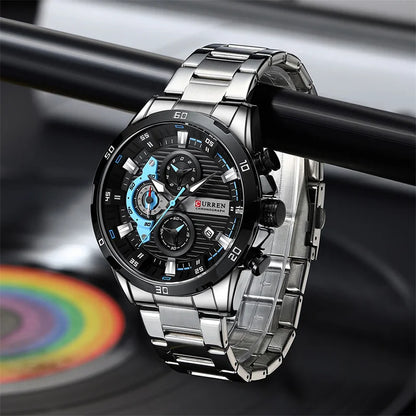 Montre homme de luxe CURREN 8402, neuve, en acier inoxydable, étanche, avec chronographe et éclairage nocturne.