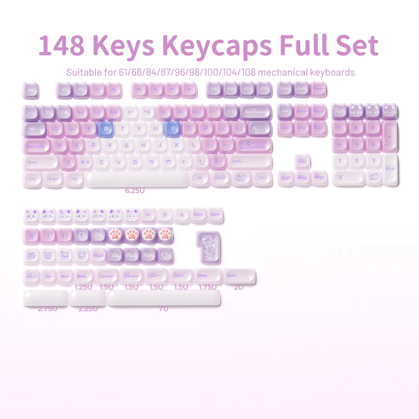 XVX 148 teclas teclas con temática de gatos perfil MAO, teclas coreanas brillantes y adorables para teclado 61 64 68 78 87 96 98 104 108