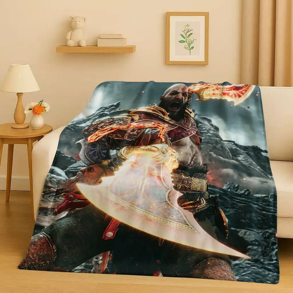 HD Kratos God of War Games Cartoon Gamer Flannel Blanket,Ultra Soft Warm Plush Throw for Home Bedroom Bed Sofa Cover Picnic Kids