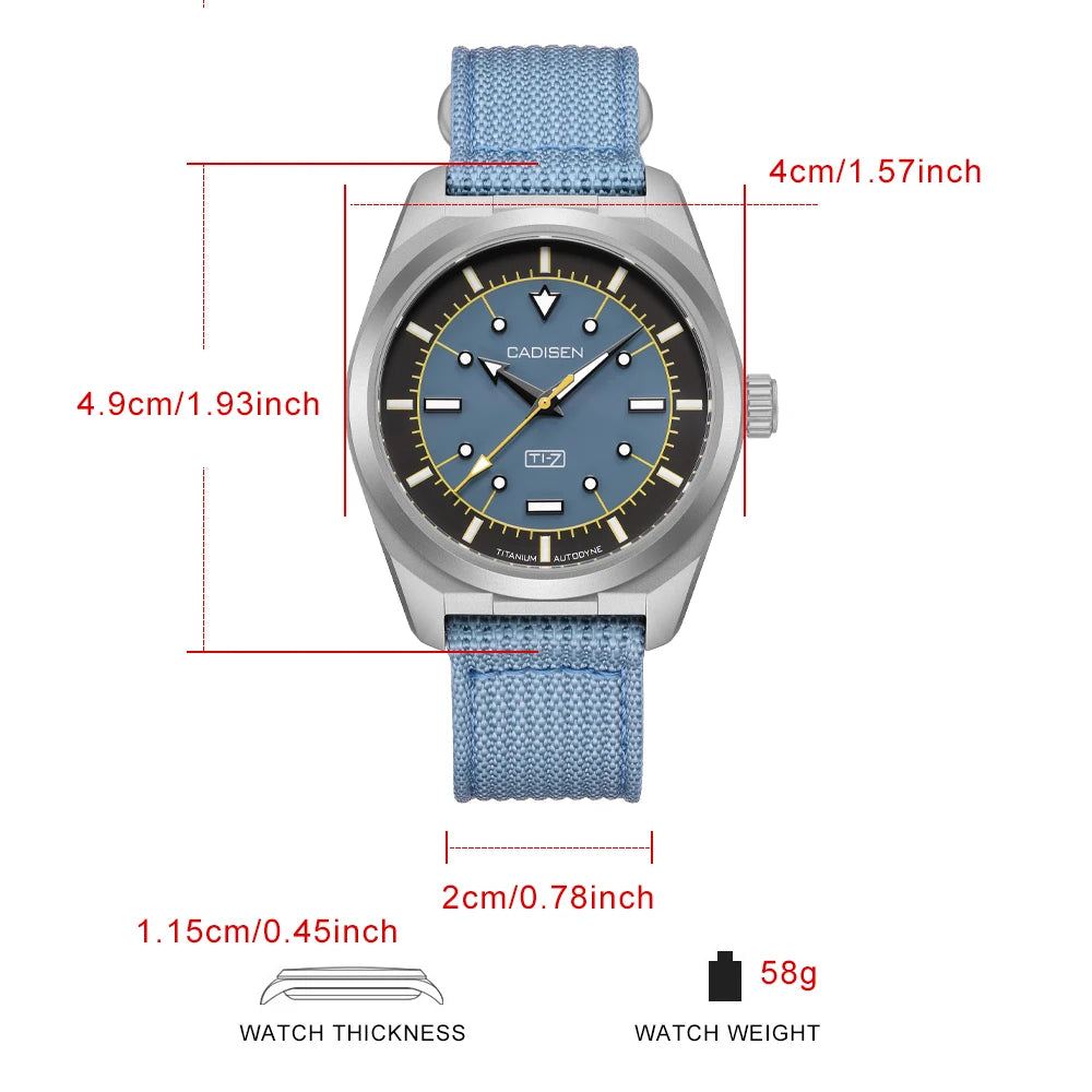 CADISEN TI-7 Autodyne Titanium steel Automatic Mechanical Canvas Wristwatch MIYOTA 8215 Luminous Sapphire Waterproof Man Watches