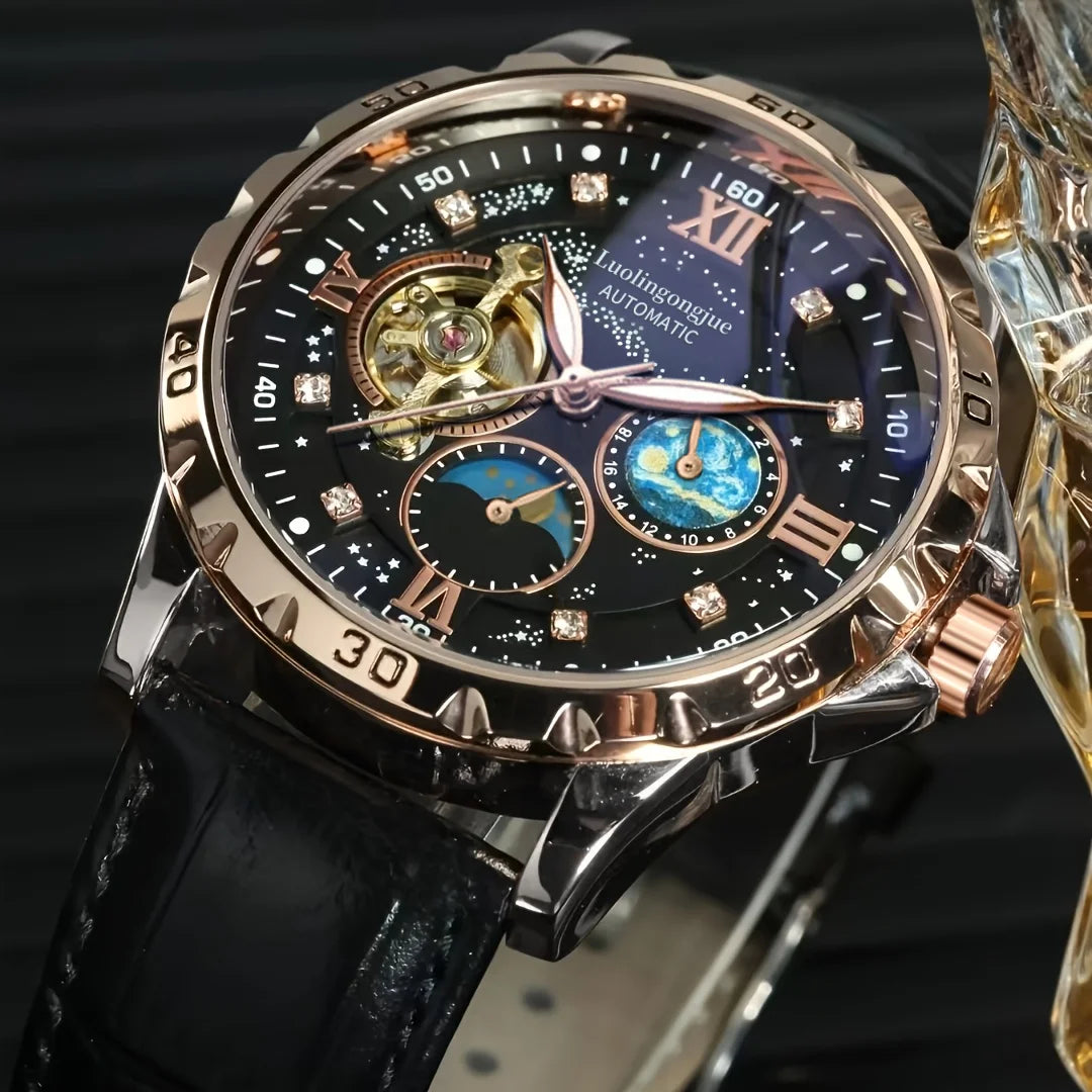 Men’s Luxury Automatic Mechanical Watch  Starry Sky Luminous Dial & Tourbillon Design