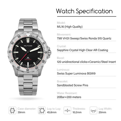 Militado ML16 39mm Quartz Dive Watch Sapphire Crystal 200M Water Resistant Ceramic Bezel BGW9 Lume Screw Down Crown