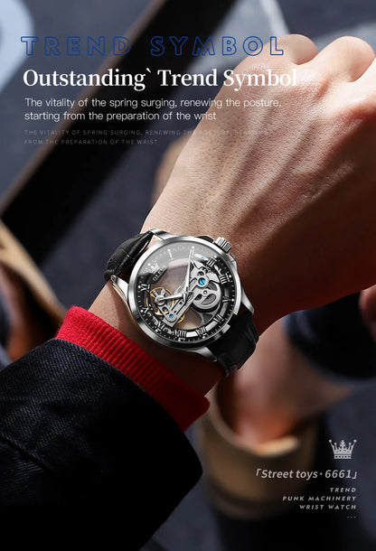 OLEVS Skeleton Automatic Mechanical Watch Men Leather Strap Luminous Waterproof Luxury Business Wristwatch For Man 6661
