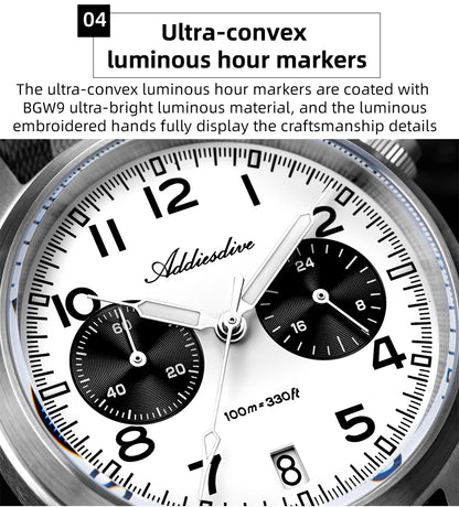 Relógio Masculino ADDIESDIVE 2025 New Panda Eye Retro Luxo VK64 Quartz, Cronógrafo Desportivo, 100M Impermeável, Luminoso