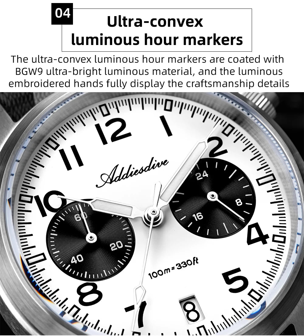 Reloj para hombre ADDIESDIVE 2025 New Panda Eye, retro de lujo, cuarzo VK64, cronógrafo deportivo, impermeable 100M, luminoso