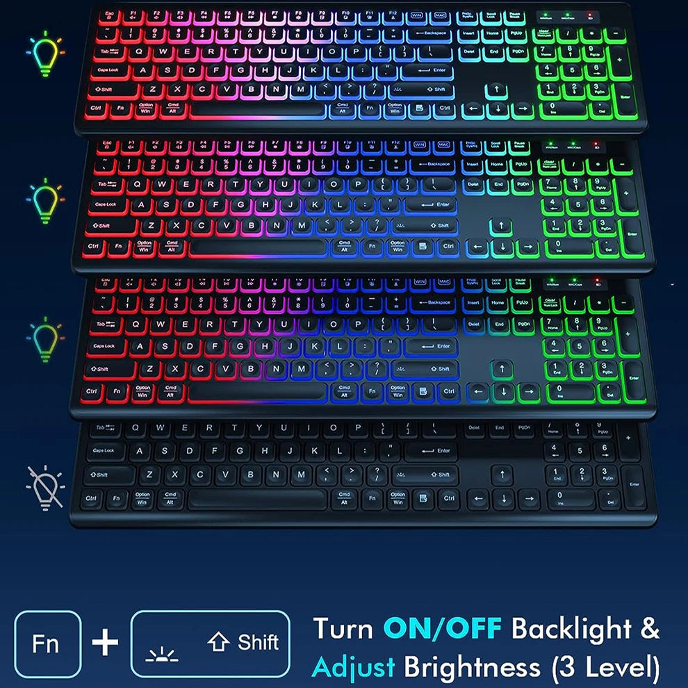 Combo tastiera e mouse wireless con retroilluminazione RGB, lettere illuminate ricaricabili, formato full-size, ergonomico, modalità sleep, 2.4GHz