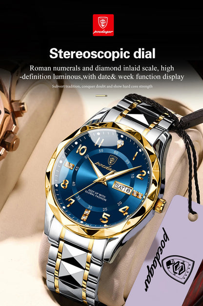 POEDAGAR Top Business Men Quartz Watch Waterproof Date Week Luminous Wristwatch Stainless Steel Fashion Men's Watches Man Clock