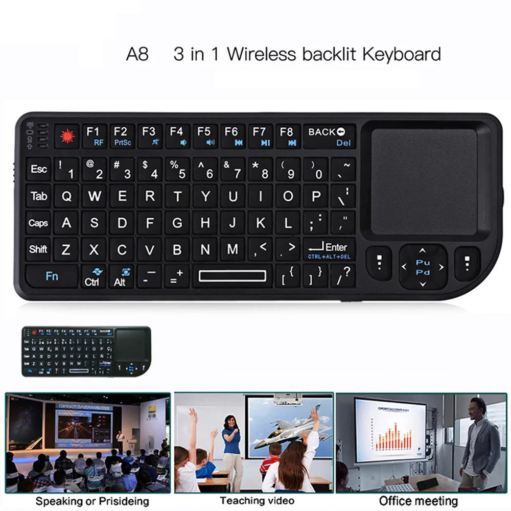 A8 Mini Wireless Keyboard 2.4G 7 Color Backlit 3 in 1 Handheld Keyboard with Touchpad Air Mouse for Android TV Box PC Tablet