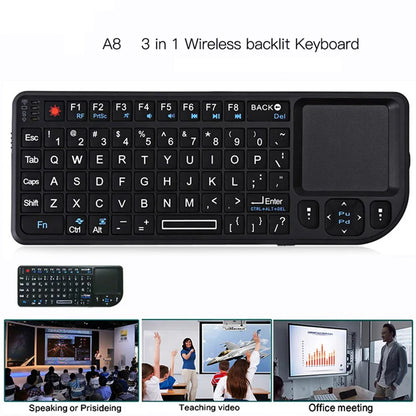 A8 Mini Wireless Keyboard 2.4G 7 Color Backlit 3 in 1 Handheld Keyboard with Touchpad Air Mouse for Android TV Box PC Tablet