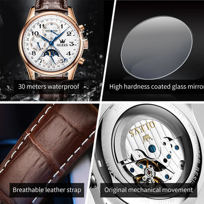 OLEVS 6667 Mens Watch Multifunctional Chronograph Mechanical Watch Leather Strap Moon Phase Watches For Man Luxury Original