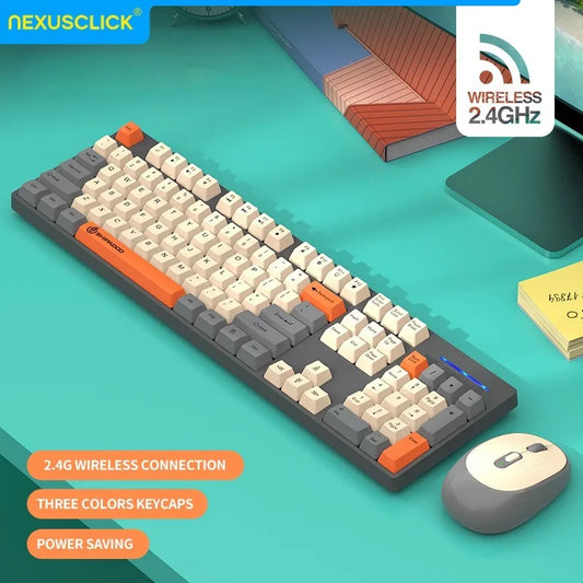 Conjunto Teclado e Rato Sem Fios NexusClick para Gaming e Escritório, Poupança de Energia Inteligente, Tamanho Completo, 104 Teclas, 1600DPI Ajustável, USB para Portátil e PC