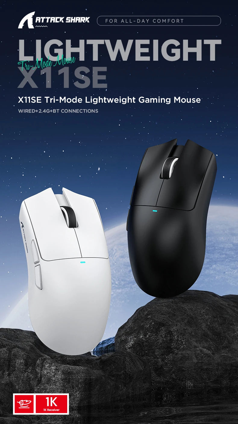 ATTACK SHARK X11 Gaming Mouse and X11 SE Wireless Mouse 22000 DPI, PAW3311 Sensor, BT/2.4G/Wired, 59g Lightweight, 2000W Clicks