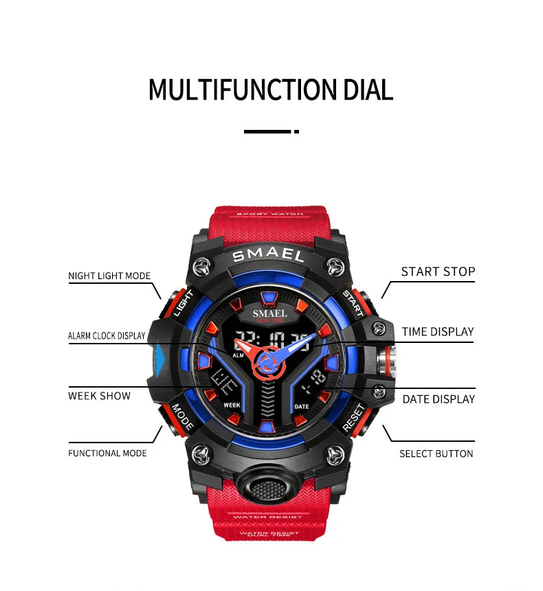 SMAEL 8075 Men's Analog Digital Dual Display Sport Watch - 50M Waterproof LED Backlight Dual Time Alarm Chronograph Stopwatch