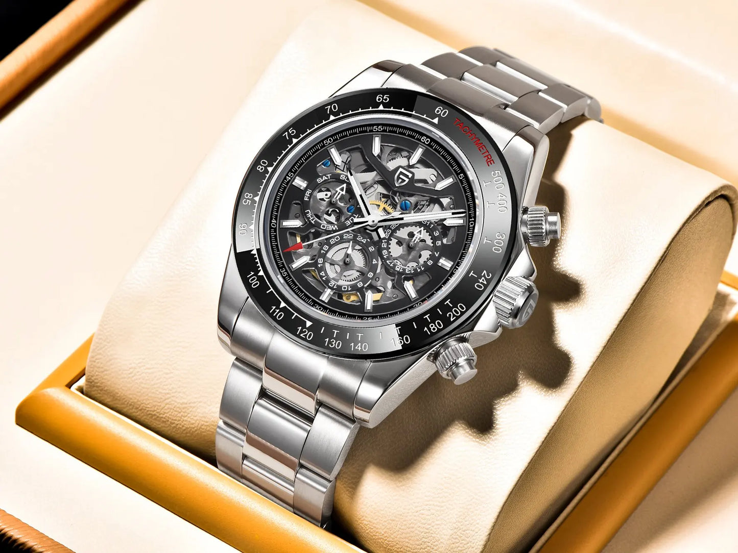 PAGANI DESIGN Personalized Men Automatic Mechanical Watch Colorful Gemstone Bezel Small Three-Pin Tachymeter Design Chronograph
