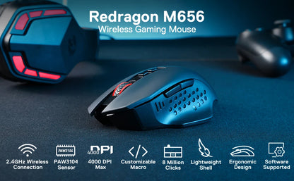 Mouse Gaming Wireless Redragon M656 Gainer, 4000 DPI, Mouse Gamer Wireless 2.4Ghz con 5 livelli DPI, 7 pulsanti macro, retroilluminazione LED rossa