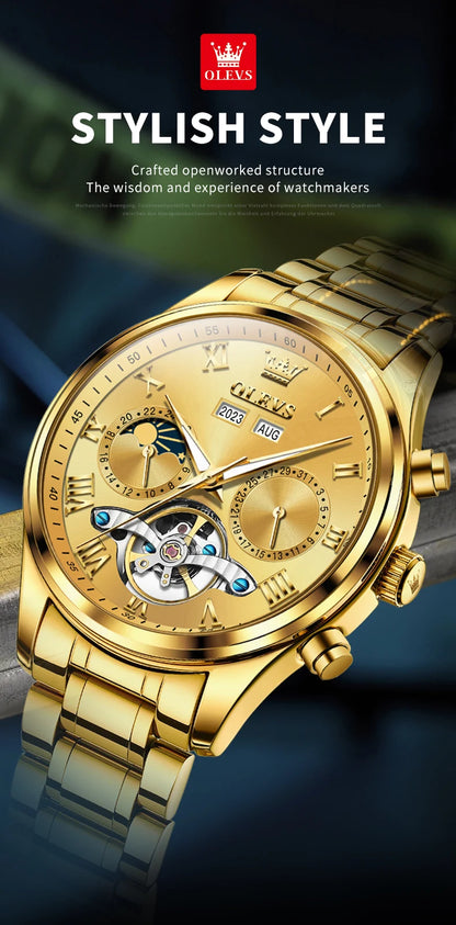 OLEVS 7005 Classic Business Mechanical Wristwatch for Man Skeleton Flywheel 24 Hour Moon Phase  Calendar Luxury Men's Watch