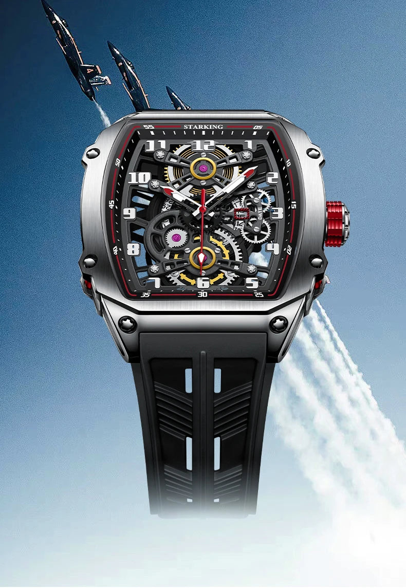 STARKING Luxury Men’s Automatic Mechanical Watch Skeleton Dial Silicone Band Tonneau Design Waterproof Luminous Sport Wristwatch