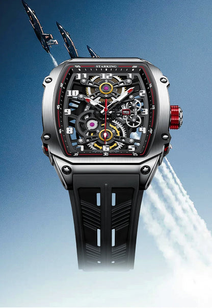 STARKING Luxury Men’s Automatic Mechanical Watch Skeleton Dial Silicone Band Tonneau Design Waterproof Luminous Sport Wristwatch