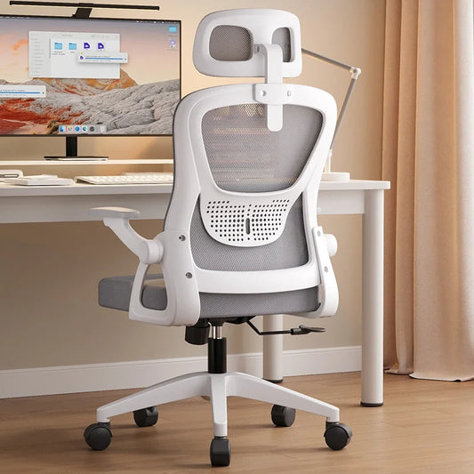 Chaise de bureau moderne ergonomique, réglable, en tissu maillé, avec accoudoirs rabattables et roulettes, confortable pour étude et dortoir.