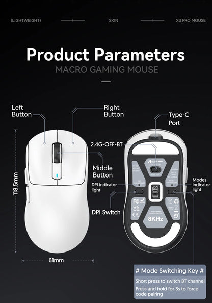 Mouse gaming wireless ATTACK SHARK X3/X3PRO 4K/8K, 26K DPI, tri-mode (cablato/2.4GHz/BT5.2), leggero, sensore PAW3395 per gamer