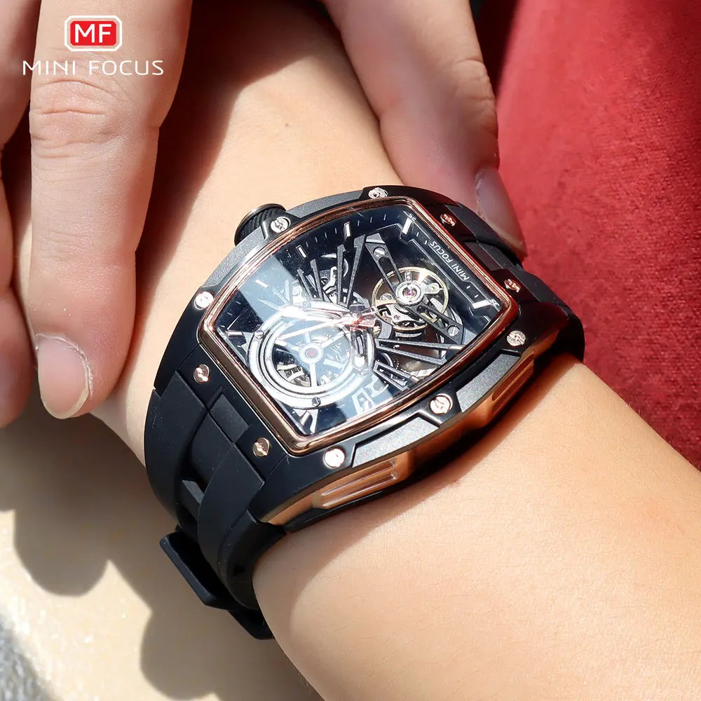 MINI FOCUS Men's Wristwatch Fashion Black Waterproof Automatic Mechanical Watch with Luminous Hands Silicone Strap Tonneau Dial
