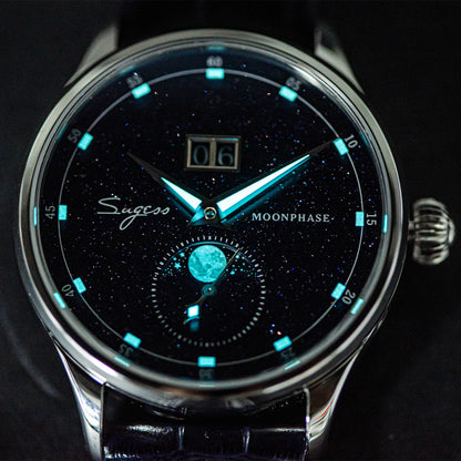 Sugess Moonphase Watch of Men 40mm Automatic Mechanical Wristwatches Seagul ST2528 Movement Stainless Steel Blue Sandstone Dial