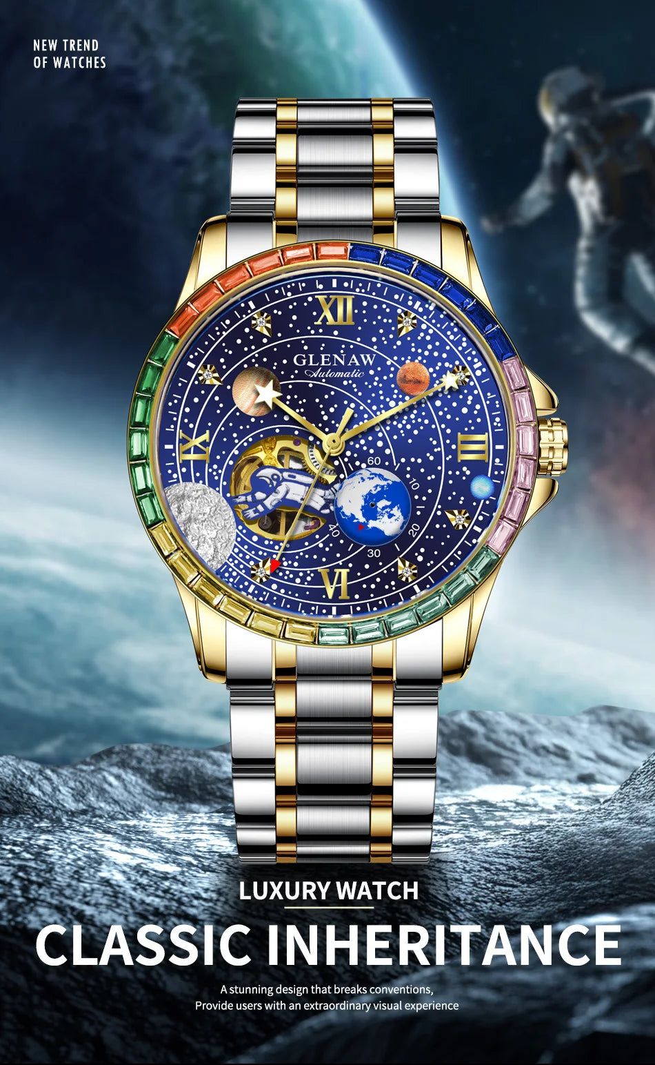 GLENAW New Rotating Earth Mechanical Watch Men Space astronaut dial Night Light Waterproof Stainless Steel Strap Automatic Watch