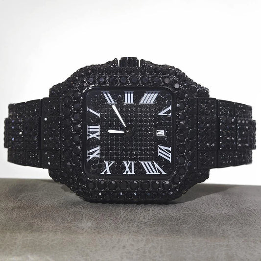 UNIGUET Cool Men's Watch Luxury Stainless Steel Quartz Watch Hip Hop Black Diamond Square Design Fashion Iced Wristwatch for Men