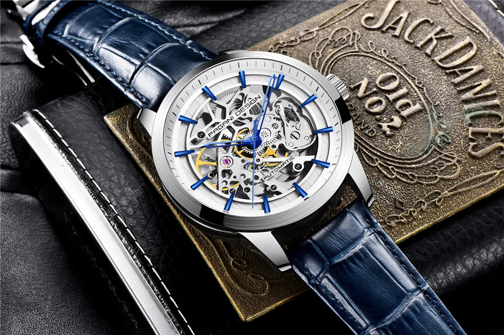 PAGANI DESIGN New Skeleton Men's Mechanical Watches Top Luxury Automatic Watch Men Blue Leather Waterproof Wrist watch Men