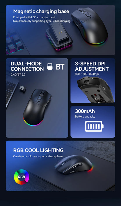 X3 Wireless Bluetooth Mouse 2.4G Dual-Mode Connection, DPI Adjustable, Lightweight Gaming Mouse, RGB Light, 300mAh Battery Capacity