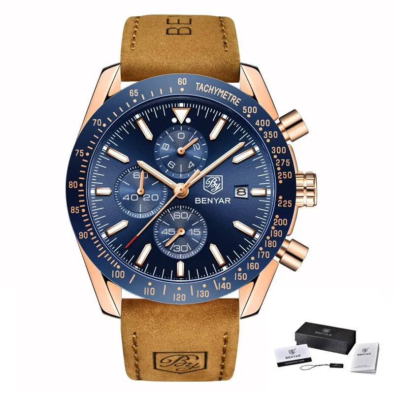 BENYAR Luxusuhren für Herren – Quarz-Armbanduhren mit Lederarmband, wasserdicht bis 30 m, sportlicher Stil.