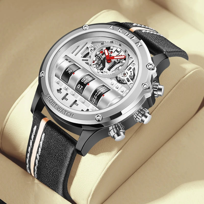 Luxury Electronic Quartz Watch For Men Business Watches Male Creative Men WristWatch Unique Rotate Date Leather Strap Watches