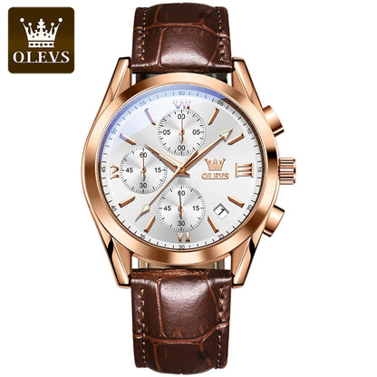 OLEVS 2872 Men’s Chronograph Wristwatch – Leather strap, water-resistant, luminescent hands, quartz movement, luxury sports style