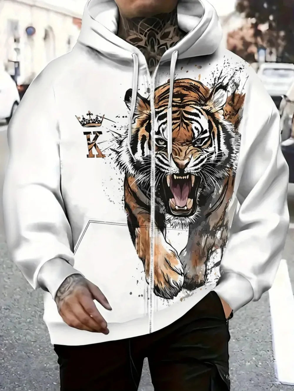 Sweatshirt com capuz e fecho para homem 2025, manga comprida, gráfico de tigre, estilo casual outdoor, com cordão e bolsos