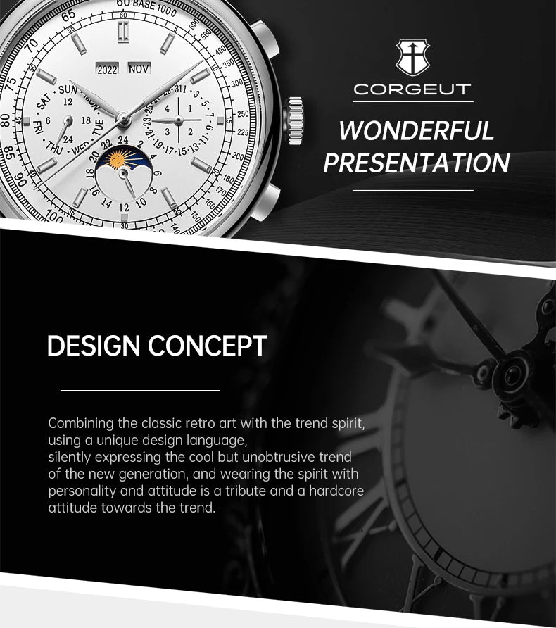 Custom Logo Diy Automatic Mechanical Watches For Man Business Multification Date Day Month Year 316L Mechanical Men's Watches